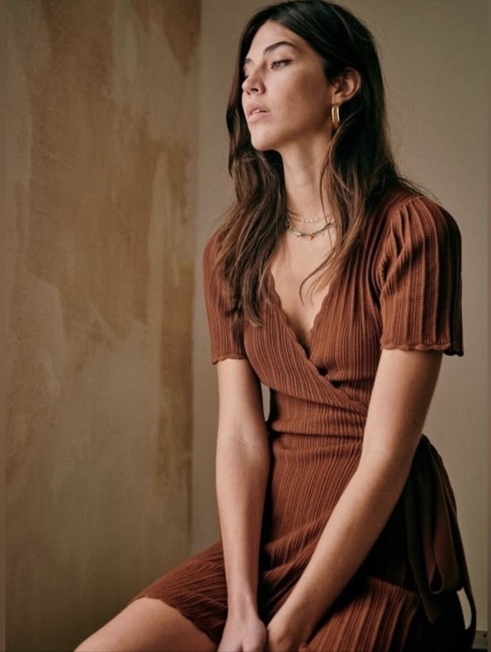 Sezane "Luisa" Knit Wrap Dress. Short Sleeve. V Neck. Rusty Brown. Size S.
